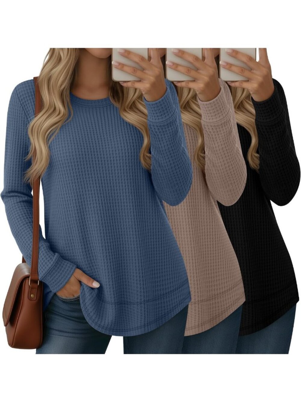 Cozy 3-Pack Women's Waffle Knit Sweatshirts - Perfect for Layering & Casual